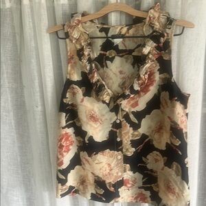 J. Crew Cream and Pink Ruffled Sleeveless Blouse